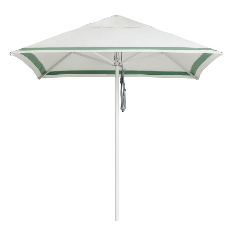 Stripe sage white Regatta Patio Umbrella by Basil Bangs with UPF50+ sun protection, sleek white aluminum frame, and marine-grade durability for outdoor style.