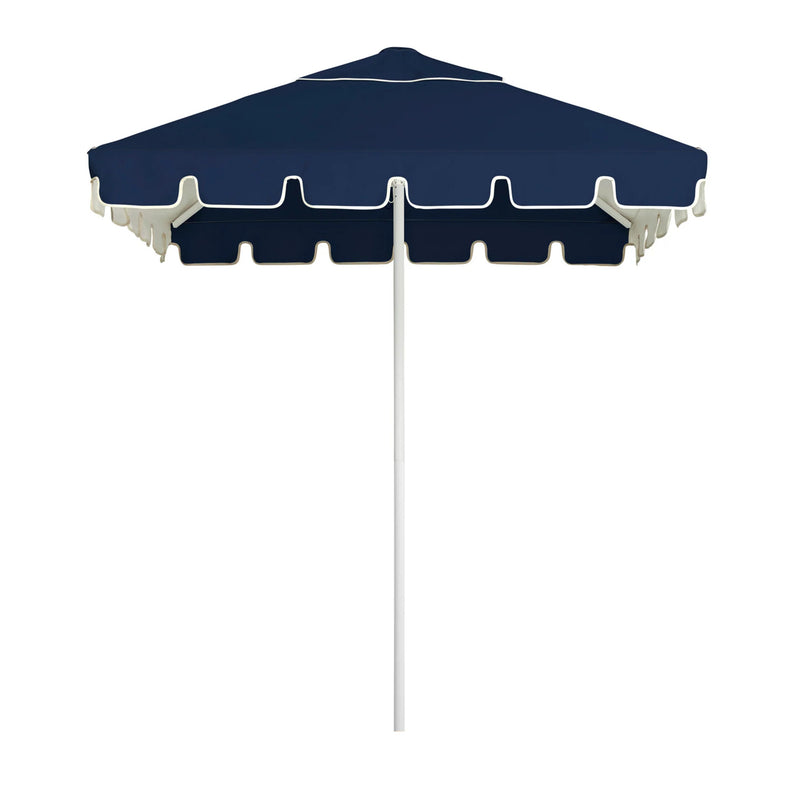 2m square navy/white Caspar Patio Umbrella with keyhole valance, UPF50+ protection, and durable marine-grade materials for outdoor elegance.