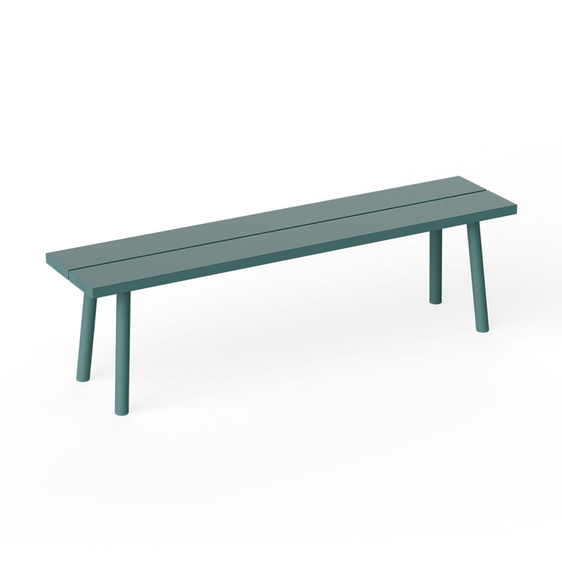 Fred’s Bench in dark sage is a modern aluminum bench designed for relaxed outdoor seating.