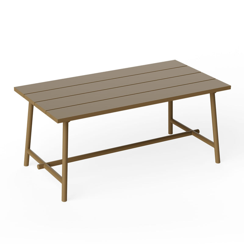 Fred’s Medium Table in mochaccino is a modern aluminum outdoor table for shared meals.