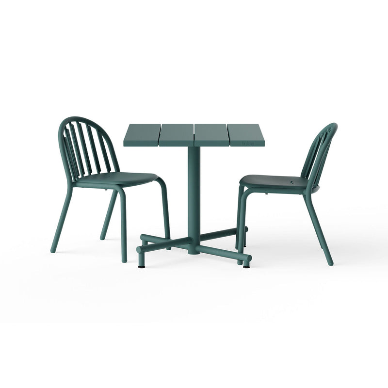 An outdoor bistro set in dark sage with an 80×80 cm square table and two stackable chairs, designed for everyday outdoor use.