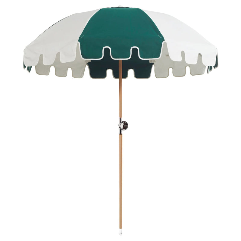 Elegant forest/white Luxury Umbrella by Basil Bangs with UPF50+ sun protection, marine-grade fabric, and durable hardwood pole.