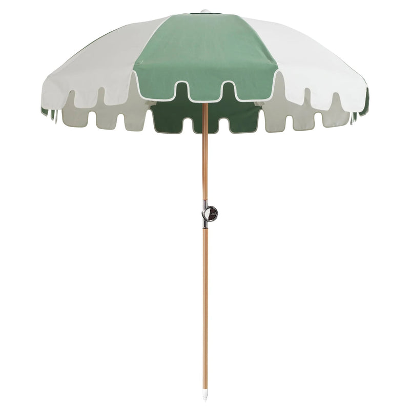 Elegant sage/white Luxury Umbrella by Basil Bangs with UPF50+ sun protection, marine-grade fabric, and durable hardwood pole.