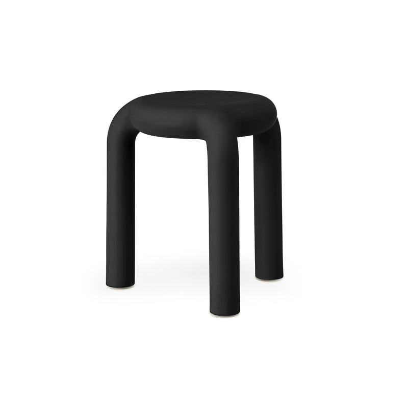 Black Piccolo stool by TOOU Design, minimalist polypropylene stool and side table, lightweight and stackable, ideal for indoor and outdoor use.