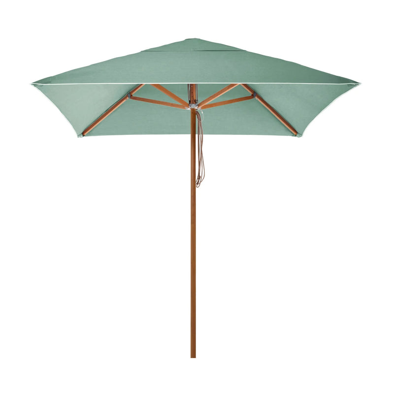 2m Sundial+ Umbrella by Basil Bangs in sage with timber-look aluminum frame, scratch-resistant finish, and recyclable, eco-friendly materials.