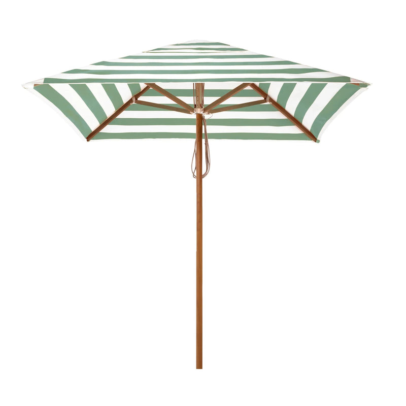 2m Sundial+ Umbrella by Basil Bangs in sage stripe with timber-look aluminum frame, scratch-resistant finish, and recyclable, eco-friendly materials.