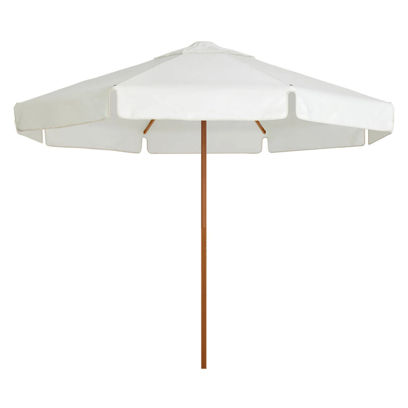 2.8m white Sundial+ umbrella with timber-look aluminum frame, UPF50+ protection, and eco-friendly, durable design for outdoor use.