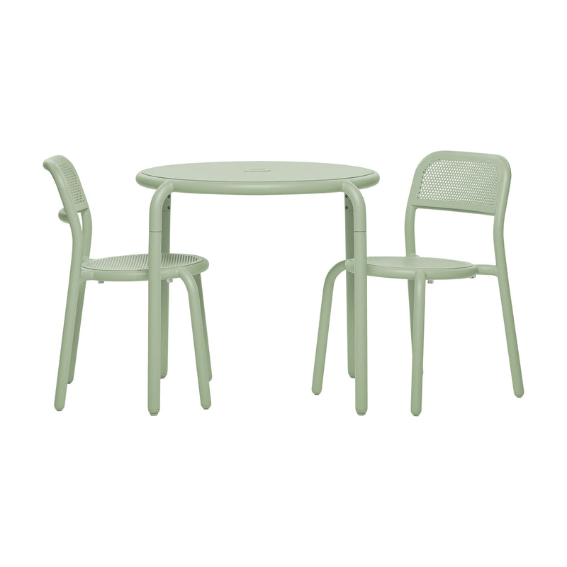 Toní Bistro Set in mist green by Fatboy, featuring a sleek table and two chairs, perfect for modern and durable outdoor dining.